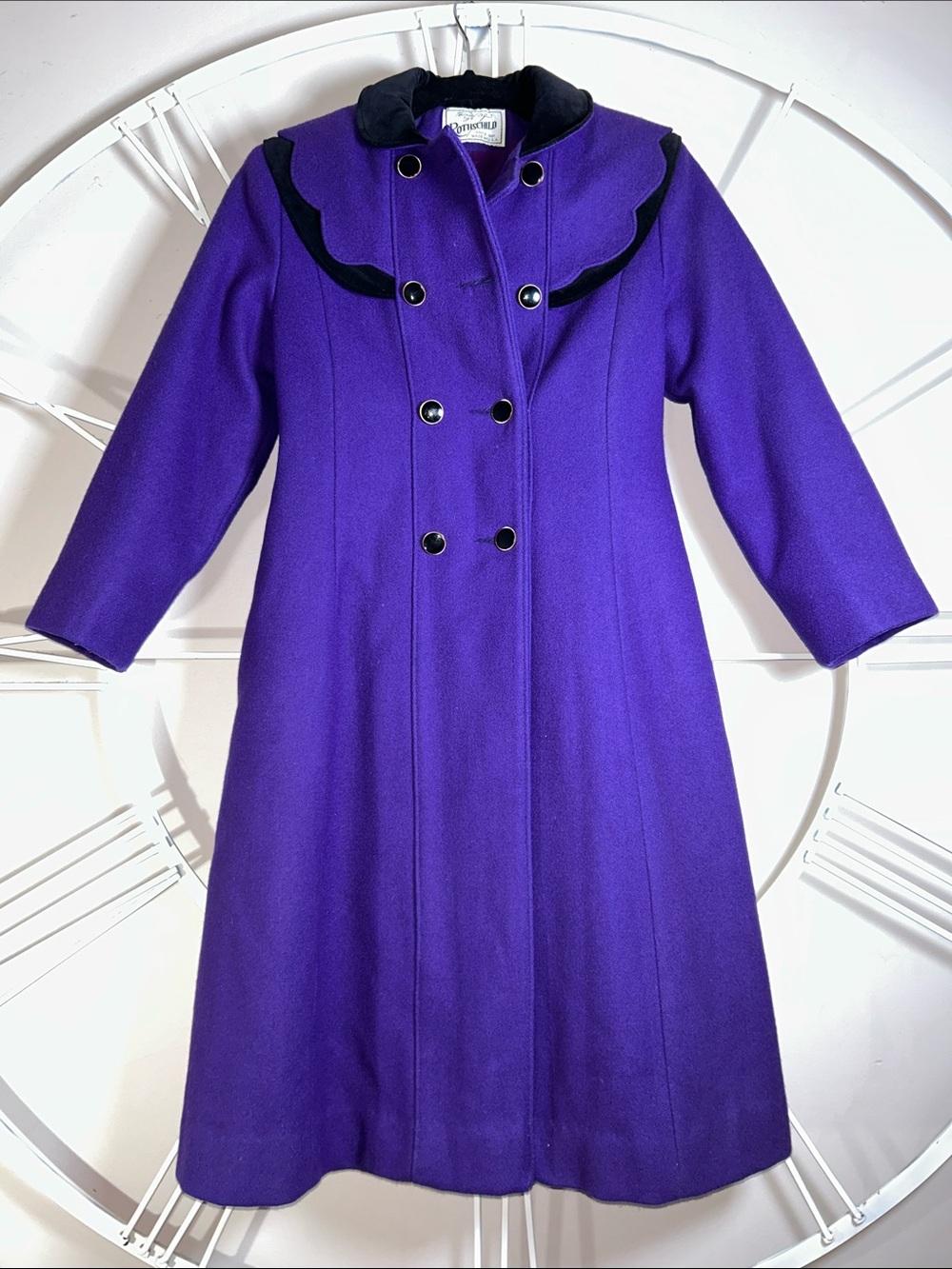 Vintage Rothschild Vibrant Purple Double-Breasted Wool Coat with Black Trim